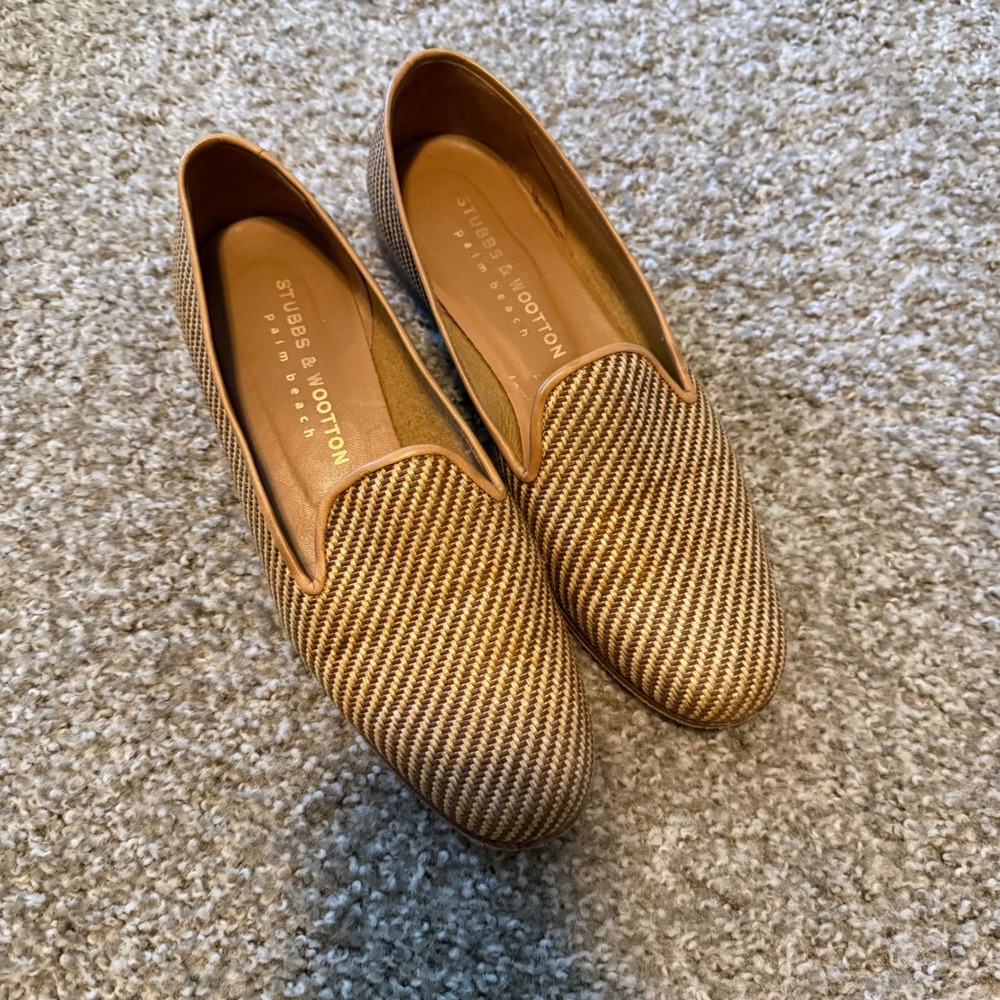 Stubbs & Wootton Woven Raffia Loafers Tan Brown Leather Trim Size 9.5 Spain